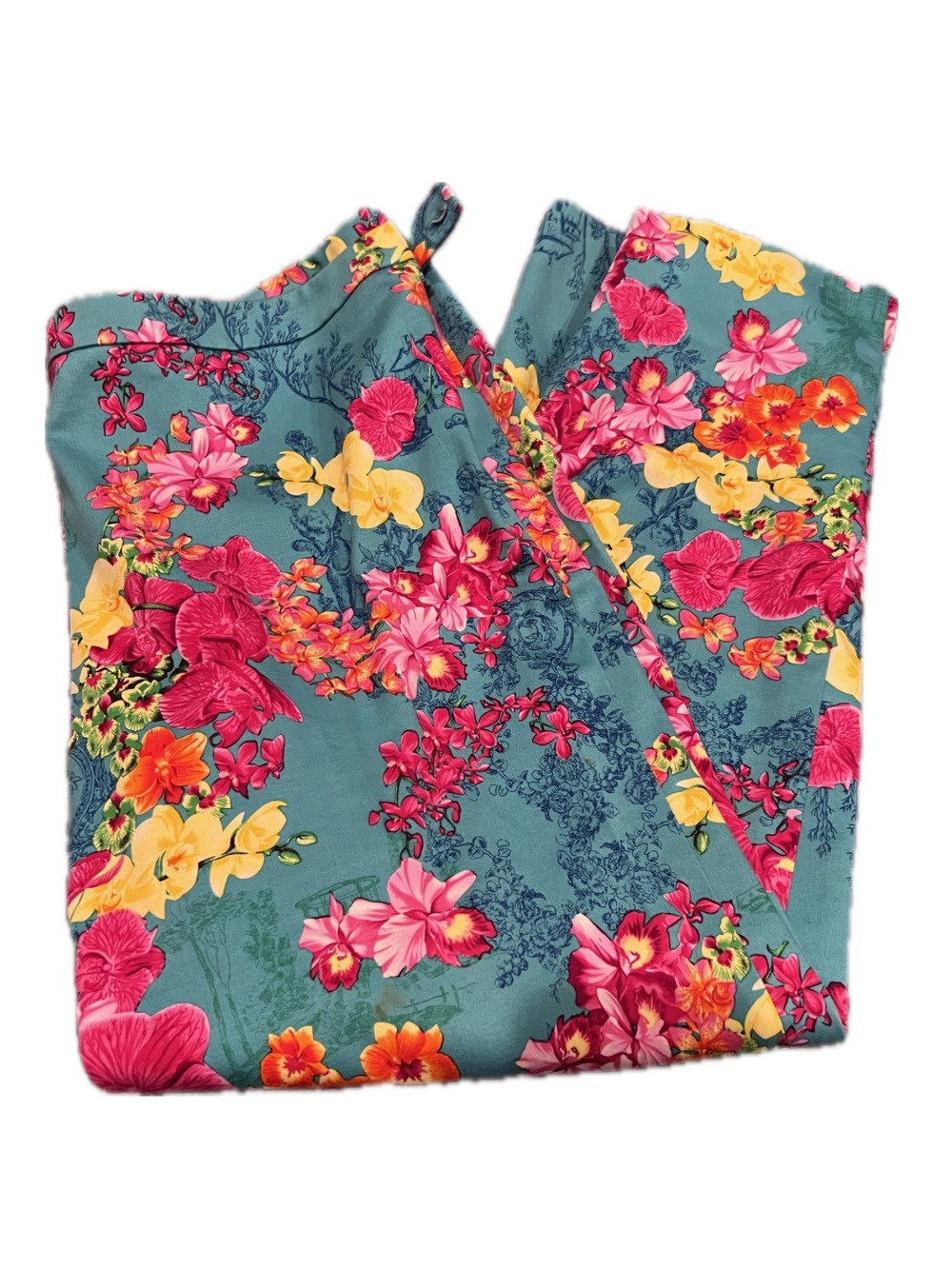 Carlisle Teal Floral Side Zip Cropped Pants with Pink & Yellow Blooms